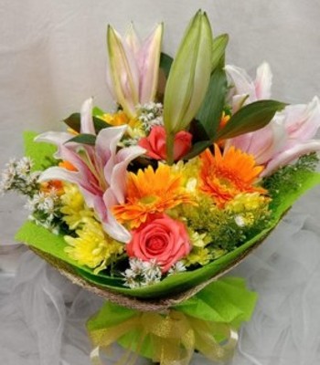 Garden Flowers - Lily,  Gerbera Daisy and Rose with Chrysanthemums